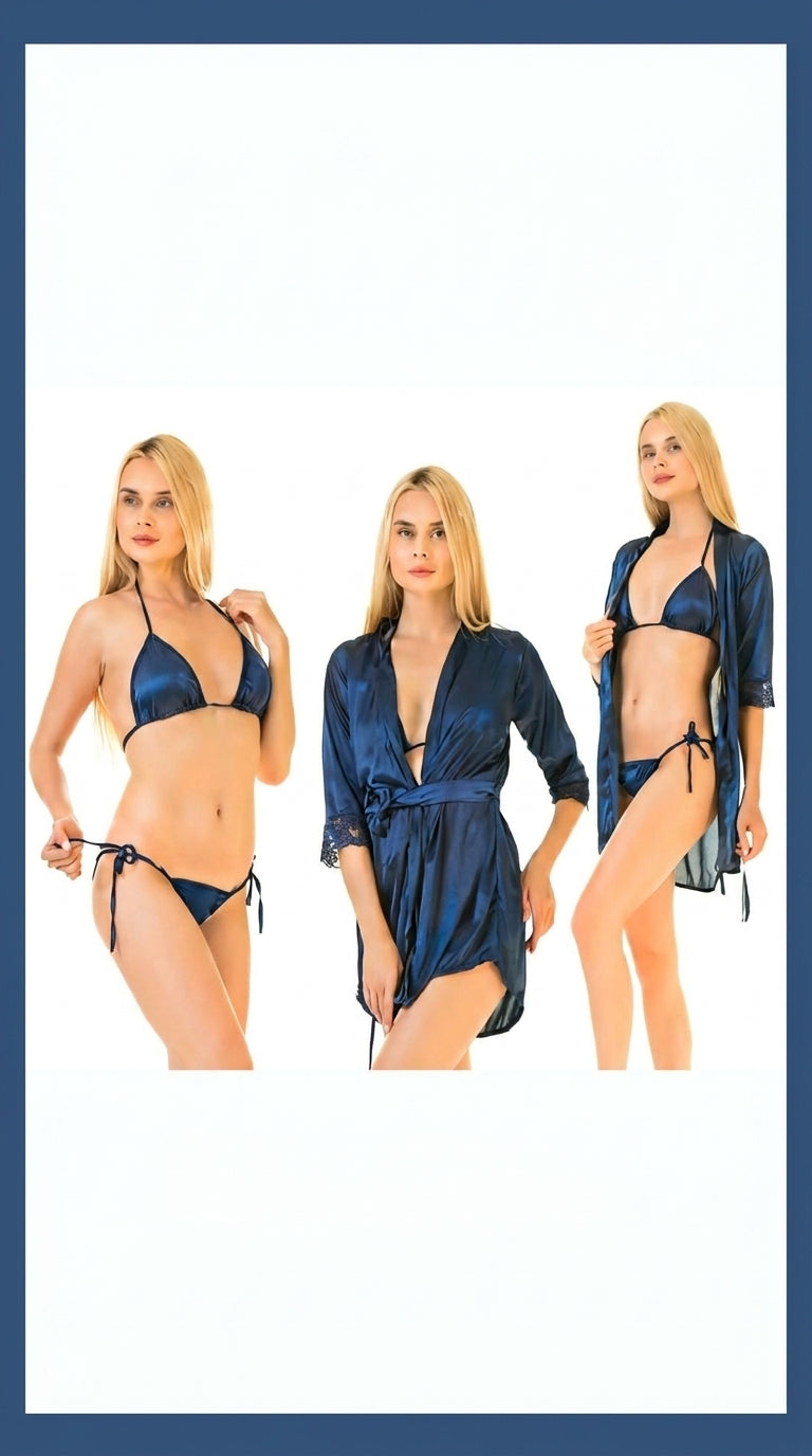Elegant 3-Piece Bikini Nighty with Gown |Satin Nightwear Set with Robe | Bridal & Honeymoon Sleepwear
