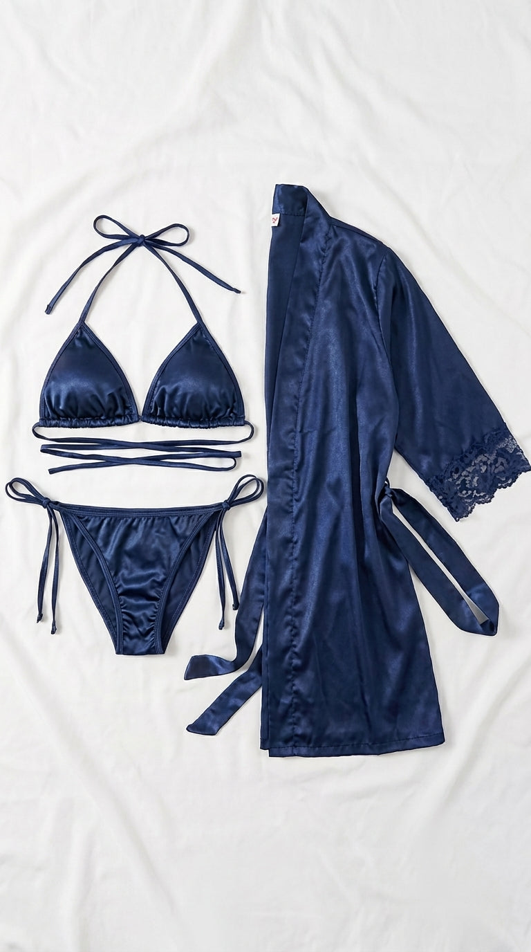 Elegant 3-Piece Bikini Nighty with Gown |Satin Nightwear Set with Robe | Bridal & Honeymoon Sleepwear