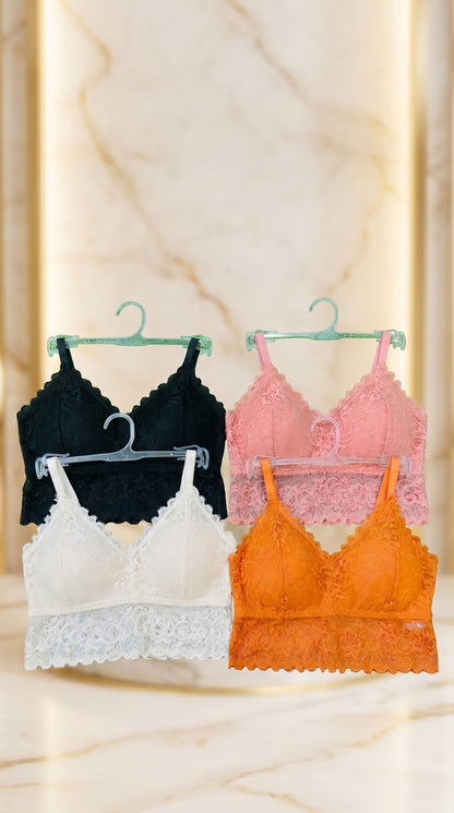 Pack of 4 Free Size Lace Bralette Bras for Women – Comfortable Wireless Padded Crop Top Bra Set (Black, White, Peach, Orange)
