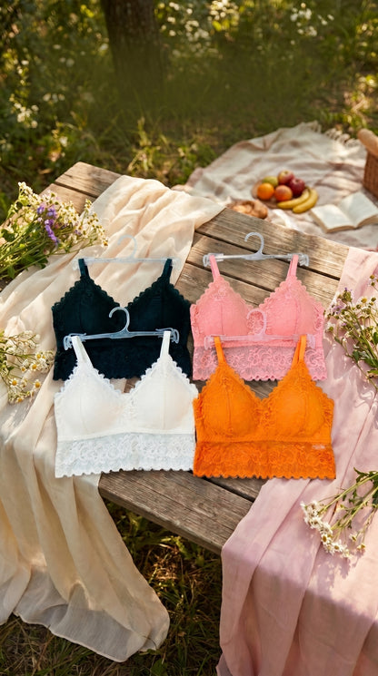 Pack of 4 Free Size Lace Bralette Bras for Women – Comfortable Wireless Padded Crop Top Bra Set (Black, White, Peach, Orange)