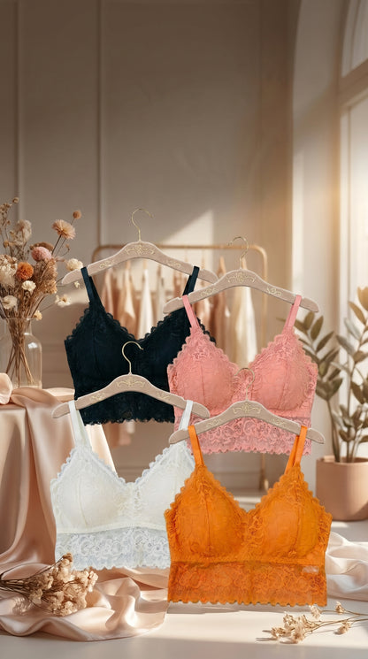 Pack of 4 Free Size Lace Bralette Bras for Women – Comfortable Wireless Padded Crop Top Bra Set (Black, White, Peach, Orange)