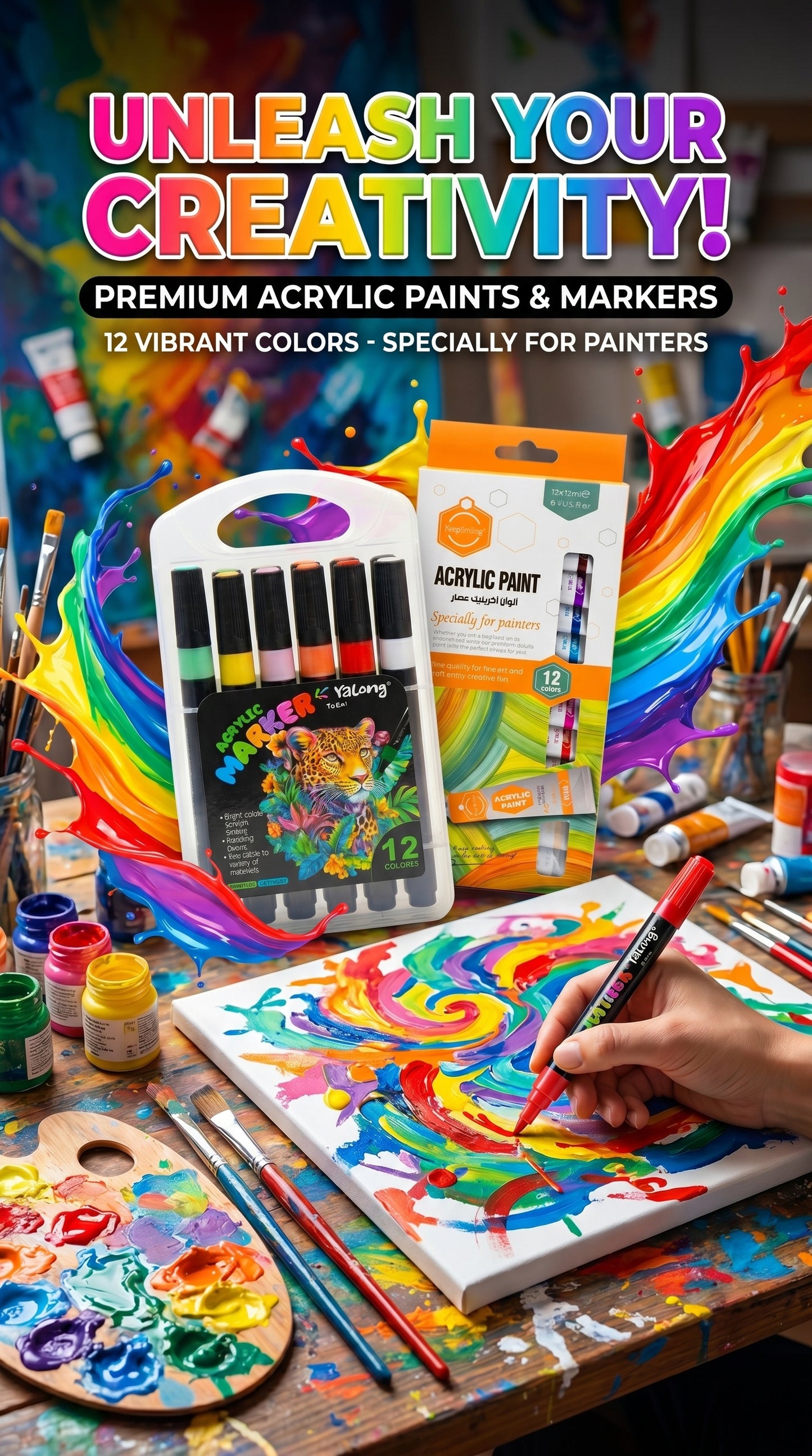 2-in-1 Paint Set – 12 Color Markers + Acrylic Paint Tubes Kit for Canvas, Wood, Glass & DIY Art