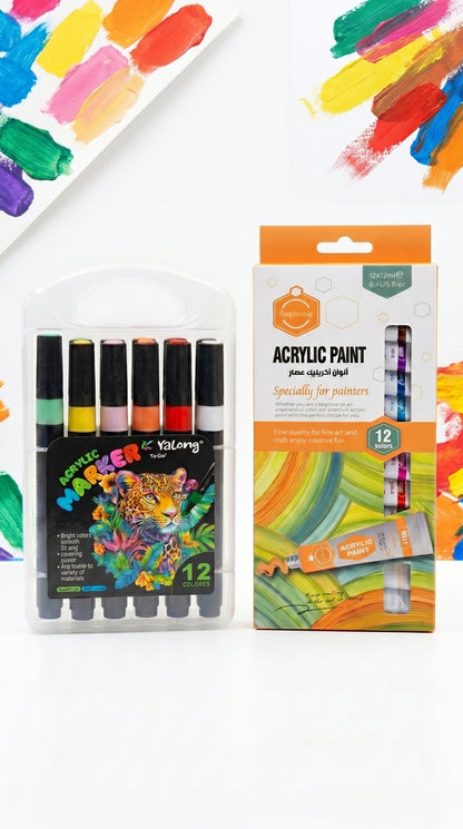 2-in-1 Paint Set – 12 Color Markers + Acrylic Paint Tubes Kit for Canvas, Wood, Glass & DIY Art