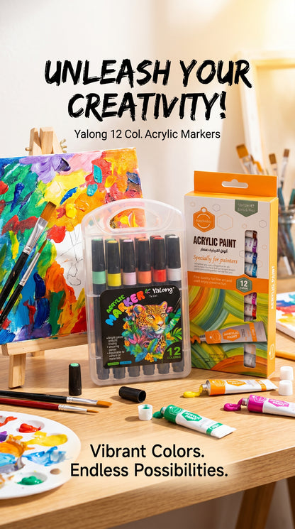 2-in-1 Paint Set – 12 Color Markers + Acrylic Paint Tubes Kit for Canvas, Wood, Glass & DIY Art
