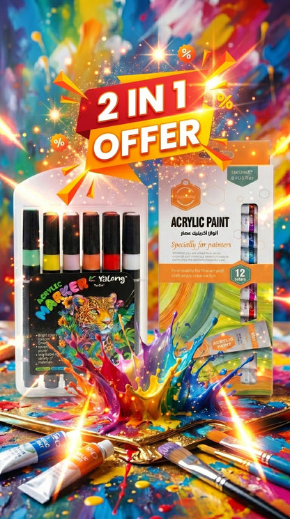 2-in-1 Paint Set – 12 Color Markers + Acrylic Paint Tubes Kit for Canvas, Wood, Glass & DIY Art