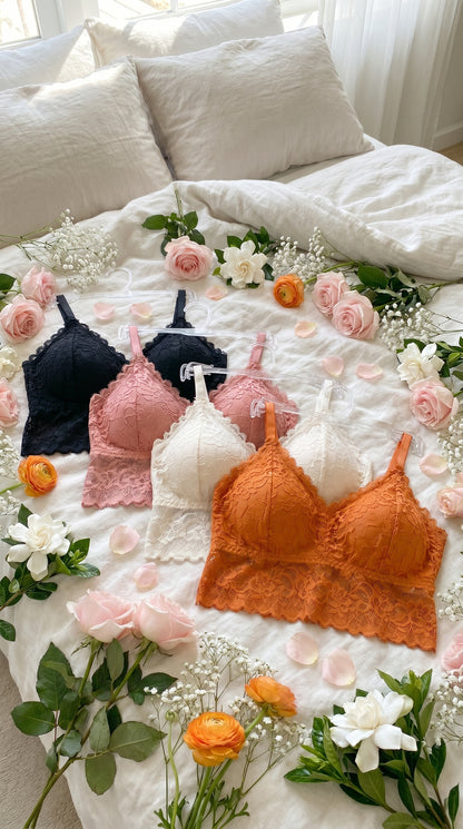 Pack of 4 Free Size Lace Bralette Bras for Women – Comfortable Wireless Padded Crop Top Bra Set (Black, White, Peach, Orange)